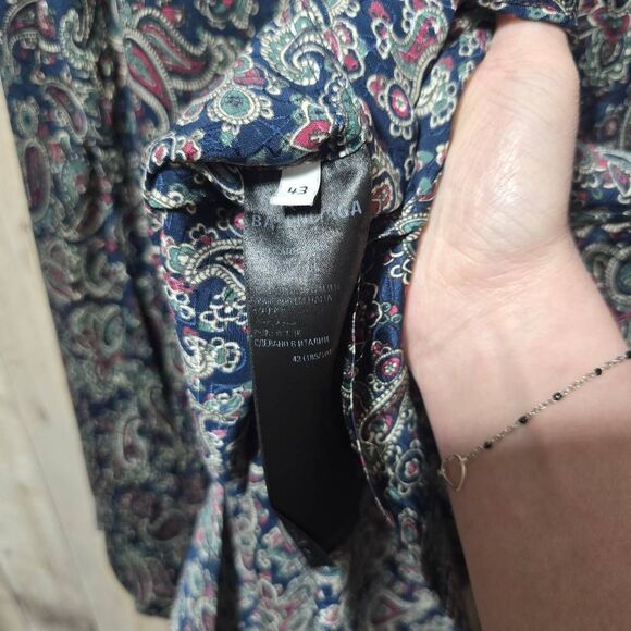 Balenciaga Homewear Mens Navy Paisley Silk Dress Button Down Shirt 43 - Picture 5 of 6